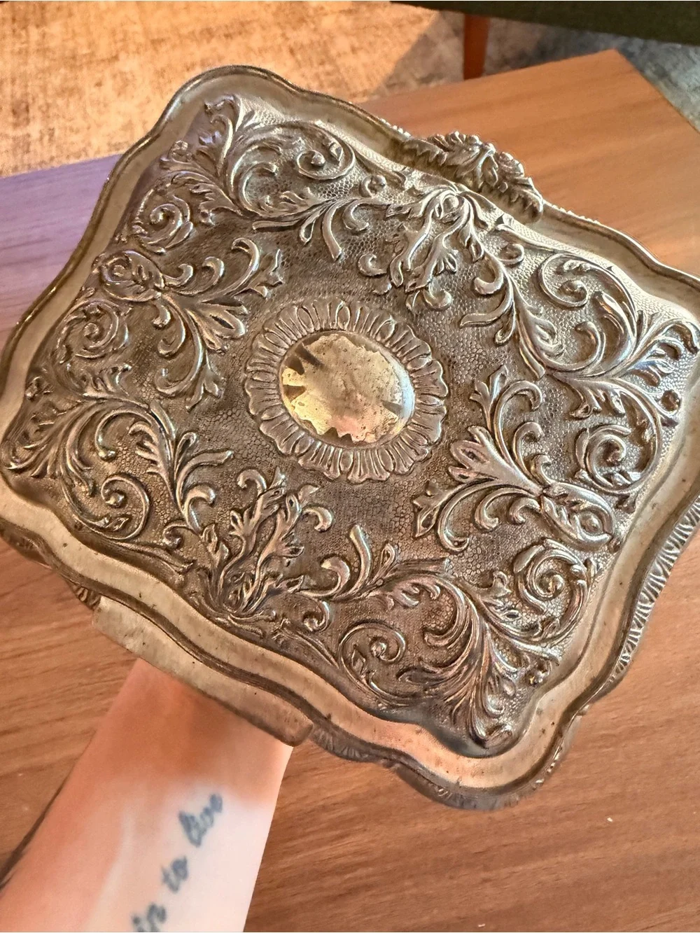 VTG Silver Plated Repousse Jewelry Trinket Box Red Velvet Lined Scroll Design